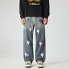 Ropa de Hombre Fengshe / Nueva Colección Primavera y Otoño Vintage High Street Parche de Rayo Jeans de Cuero para Hombre, Pantalones Largos Casuales Rectos Sueltos
