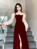 Vestido de Noche de un Hombro Banquete Negro Elegante Gama Alta Nicho Socialité Volantes Presentador Abertura Falda Larga