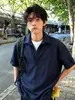 Camisa Azul Marino Falsa de Dos Piezas de Manga Corta para Hombre, Ropa de Verano, Camiseta Rayada de Seda Hielo, Camisa de Media Manga con Cuello para Pareja