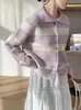 Cardigan Tricotado Solto Feminino Estilo Coreano Outono/Inverno Novo Cardigan Color Block Listrado Retro com Gola Polo