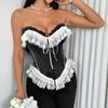 Top de tubo sexy ajustado con cordones, ribete de encaje, botones, estilo francés de lunares, moderno, para mujer 71247