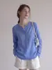 Cárdigan de punto azul con cuello medio abierto y protección solar para mujer, camiseta casual holgada de manga larga estilo "old money" para verano, top ajustado