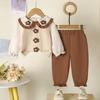 Ropa de Otoño e Invierno para Niñas Pequeñas Traje Estilo Universitario Manga Larga Waffle Tridimensional Doble Flor Solapa Traje de Pantalón