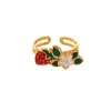 Anillo de fresa con goteo de aceite para mujer, dulce anillo abierto ajustable floral de frutas, joyería para manos, transfronterizo europeo y americano