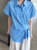 Luxi Design de Estilo Francês Sentindo Camisa de Cachos Feminina 25 Verão Novo Estilo Elegante Simples Camisa com Amarração na Cintura 8749