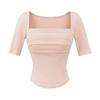 Camiseta de Verano Versátil de Ajuste Delgado con Escote Cuadrado, Mangas Medias Plisadas y Almohadilla en el Pecho, Dobladillo Curvo, Top Corto para Mujer