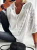 Amazon 2026 Novo Verão Europeu e Americano Transfronteiriço Cor Sólida Gola U Manga Três Quartos Renda Patchwork Vazado Camiseta Top para Mulheres