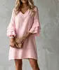 Vestido Casual de Gola V com Babados e Mangas Sino Cor Sólida, Estilo Francês Transfronteiriço Europeu e Americano 2026, Vestido Reto Curto Feminino Estilo Preguiçoso