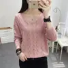 Camisa Delgada Calada 2023 Primavera y Otoño Nueva Coreana Holgada Cuello en V Suéter Pulóver para Mujer Color Sólido Camisa Base de Punto