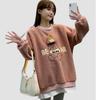 Roupas para mulheres grávidas no outono e inverno, suéter grosso forrado de lã, bordado, costura de urso, casaco falso de duas peças, suéter, casaco quente de inverno