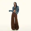 Calça Jeans de Lã Grossa Popular Melange Outono e Inverno Quente Americana Reta Solta Emagrecimento Perna Larga para Mulheres