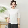 Camiseta Base de Manga Media con Cuello Medio de Temperamento Estilo Coreano para Mujer, Color Sólido Simple, Corte Ajustado, Manga de Cinco Puntos, Top Suave para el Trabajo