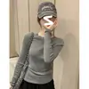 Camiseta básica de punto de manga larga, suave y cómoda, corte ajustado, para mujer, color liso, cuello redondo, hombro normal, perfecta para usar en capas, de otoño e invierno, transfronteriza