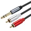 Cabo de Áudio para Receptor Amplificador de Alto-falante, Conector Macho 2RCA Lotus, Estéreo TRS 6,35mm, Carcaça de Metal