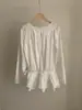 Elegante blusa coreana de cuello redondo, ajustada, con cintura de cordón, volantes y efecto adelgazante