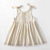 Nova cor sólida vestido infantil de algodão e linho linho laço vestido de princesa lace-up vestido da menina macacão das meninas