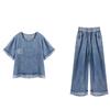 Traje de mezclilla de moda para mujer Verano 2024 Nuevo Madre de mediana edad Casual Delgado Pantalones anchos de ocho puntos Conjunto de dos piezas