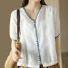 Camisa de manga corta con cuello artístico a juego, estilo vintage, con bordado pesado, de algodón y lino, 2024