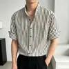 Camisa de Rayas con Cuello Alto para Hombre, Camisa Sencilla y Casual de Manga Corta, Nueva Camisa Retro de Verano, Top de Media Manga