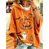 2026 Nova Blusa de Moletom com Capuz e Manga 3/4 Feminina Estampa de Abóbora de Halloween Moletom com Estampa Digital 3D para Mulheres