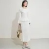 Traje de Dos Piezas para Mujer con Pliegues Estilo Miyake, Manga Larga, Otoño, Elegante Cárdigan Ajustado a la Cintura, Falda con Caída