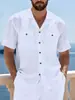 Nueva Camisa de Lino de Manga Larga para Hombre, Camisa Casual de Playa de Corteholgado con Cuello, Camisa de Manga Larga de Color Sólido
