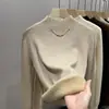 Blusa de Tricô Camada Base Feminina Gola Meia-Alta Integrada com Lã Sintética Novo Estilo Outono/Inverno 2024 Suéter Camada Base Quente Engrossado com Veludo