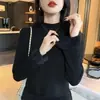 Suéter cálido grueso de cuello medio para otoño e invierno para mujer, camiseta base de punto, color liso, elegante, con interior de forro polar integrado, moderno