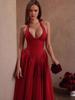 Vestido de Verano 2025 Europeo y Americano Estilo Celebridad Francesa Escote en V Profundo Sexy de Cuello Halter Atado con Cordones Patchwork Cintura Estilizadora de Figura Longitud Media