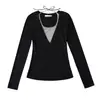 Camiseta Sexy de Estilo Puro Deseo con Tirantes Halter de Manga Larga Femenina Ajustada Corta Camisa Base Falsa de Dos Piezas en Contraste