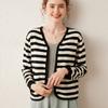 Suéter de Cashmere Listrado com Decote V Outono Novo Feminino Estilo Coreano Cardigã Solto Emagrecedor com Zíper Jaqueta de Manga Longa Estilo Ocidental