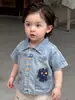 Conjunto Ligero de Mezclilla para Niños, Camisa para Niño Pequeño, Amigable con la Piel y Cómoda, Shorts Casuales de Color Sólido, Conjunto de Dos Piezas, Ropa de Verano para Niños