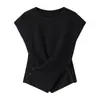 Blusa Feminina de Verão Manga Curta Gola Redonda Estilo Slim Cintura Alta Ombro Direito Malha de Seda Gelada
