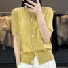 Moda Em Torno Do Pescoço Cor Sólida Cintura Apertada Emagrecimento Fivela Curta Meia Manga Lã Penteada Nova Malha Cardigan Manga Curta