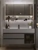Juego de Gabinete de Baño de Madera Maciza Integrado con Roca, Lavabo Minimalista Moderno, Espejo de Lavabo, Lavabo de Tocador de Baño