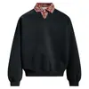 Moletom Gola Polo Falso Duas Peças Estilo Americano para Homens, Jaqueta Casual Solta de Peso Pesado para Outono e Inverno, Top de Xadrez V-Neck de Alta Inteligência