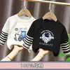 Camiseta Masculina de Primavera e Outono Estilo Coreano Solta Casual Versátil Camada Base Infantil Desenho Animado Falsa Duas Peças Manga Longa Algodão Puro