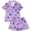 Conjunto de loungewear de manga corta, con cuello, casual, de corte holgado, con estampados temáticos de Halloween, adecuado para usar tanto en interiores como en exteriores