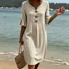 2026 Nuevo Vestido Largo Rayado de Cuello en V con Volantes y Botones Transfronterizo Moda Casual para el Trabajo Falda Larga Estilo Verano para Mujeres