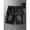 Talla europea [Cruzado para Hombre] Shorts de Mezclilla Negros Lavados de Verano para Hombre Estilo Urbano Sin Elasticidad Adornados con Pedrería