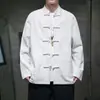 Camisa masculina de manga longa oversized para primavera e outono, estilo chinês com colarinho abotoado, jaqueta estilo terno Tang, modelagem solta, cor sólida, camisa casual de algodão e linho