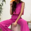 Aliexpress Roupa de Primavera e Verão Plus Size Solta Elegante Cor Sólida Sem Mangas Colete e Calça Longa Moda Roupa Esportiva Atacado Transfronteiriço