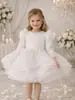 Vestido Branco Brilhante Rodado para Meninas com Manga Longa Vestido de Daminha Princesa Roupa para Festa de Aniversário Apresentação