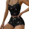 Novo conjunto estampado Cereja Fofo Estampado Cor Sólida Roupa de Casa Laço Confortável Alça Longa Pijama conjunto