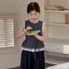 Camisa sin mangas con ribete de encaje para niñas, diseño de verano, camisa de muñeca combinada con pantalones casuales, conjunto de dos piezas, transfronterizo