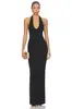 Elegante vestido de noite estilo europeu e americano, cor sólida, gola halter, decote em V, costas nuas, acinturado, slim fit, longo, para festa