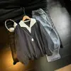 Sudadera de Algodón con Patrón de Trigo Color Albaricoque Cleanfit para Hombre, Otoño, Falsa Prenda de Dos Piezas, Camiseta de Manga Larga Pesada con Camisa Polo por Dentro