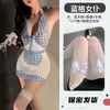 Lingerie Sexy, Fantasia de Empregada Sexy, Saia Fofa de Cintura Baixa Pura Luxúria, Pijama Xadrez Azul Tímido, Fantasia de Tentação Qqny