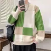 Elegante Suéter de Cuello Redondo para Hombre, Invierno Estudiante Nuevo de Moda Tejido Holgado, Ropa Cálida de Bloques de Color de Invierno