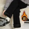 Jeans preto de cintura alta, modelador, perna larga para mulheres, forrado com fleece, coleção outono/inverno 2026, corte solto e relaxado, calça reta